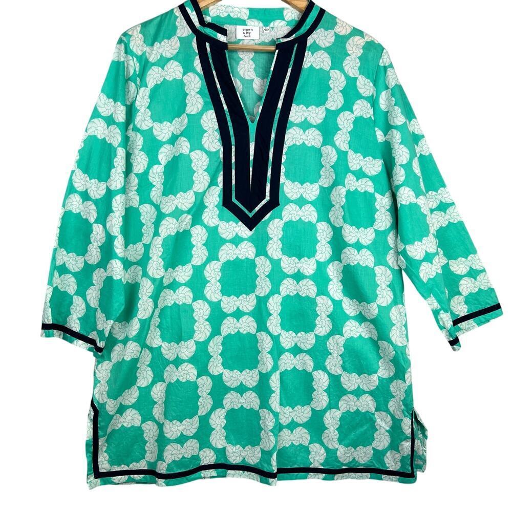 NEW Crown Ivy Beach Seashell Turquoise Seafoam Conch Green Cotton Tunic Top XL